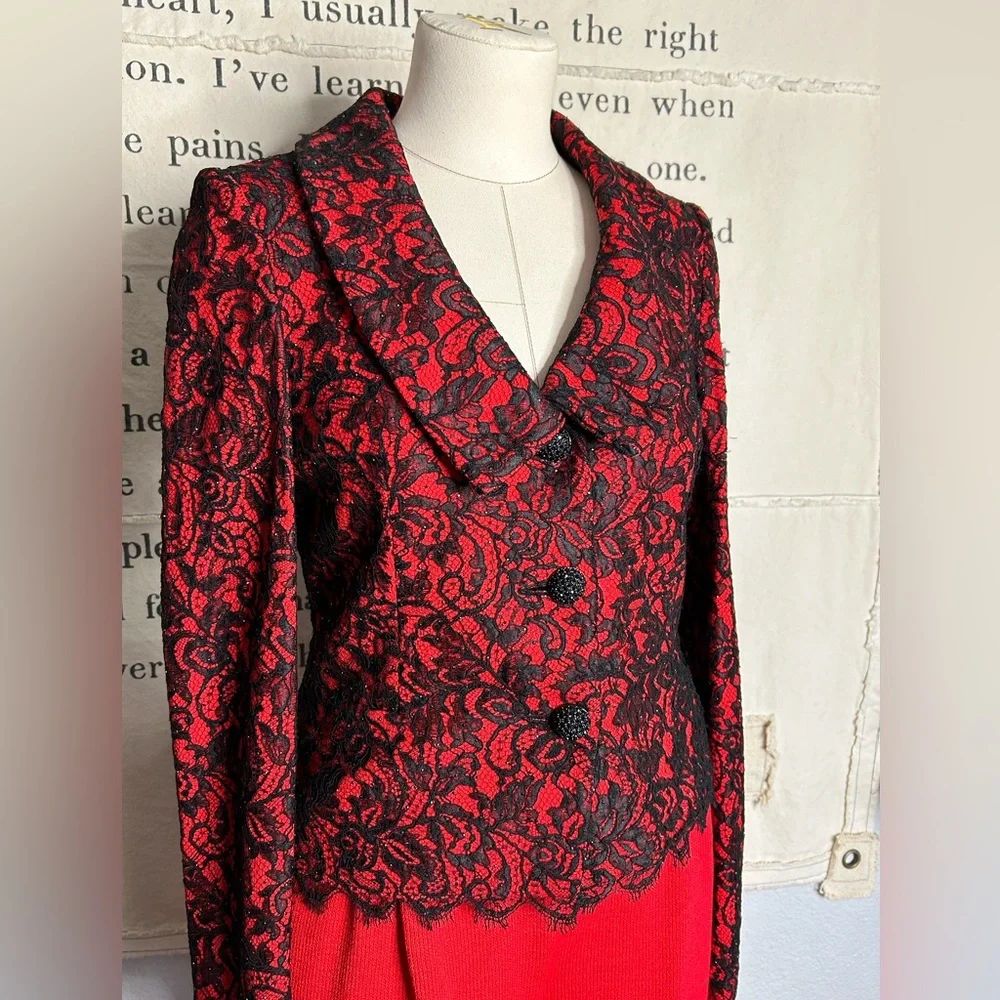 St.John floral lace jacket in Crimson with red Santana knit pants - Picture 3 of 6